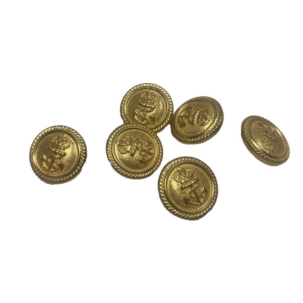 6 Vintage Metal Navy Anchor Buttons Gold Tone 3/4" Round Spin 1970s Fashion